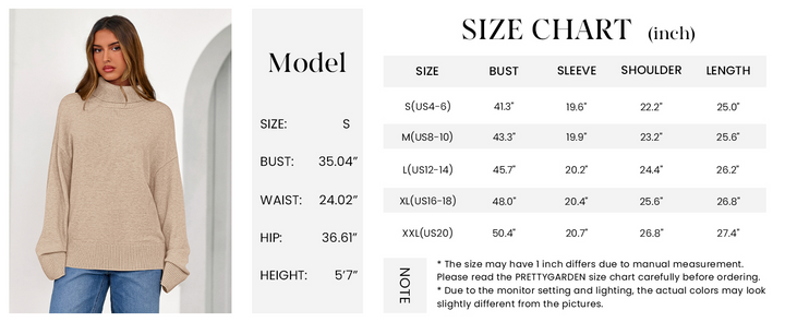 PRETTYGARDEN Womens Turtleneck Long Sleeve Sweater Fall Trendy Loose Fit Casual Tops Chunky Knit Pullover Sweaters