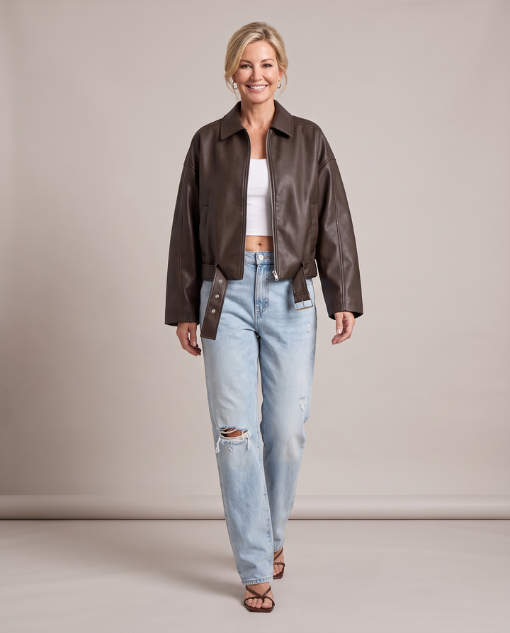 Faux Leather Oversized Belted Bomber Jacket