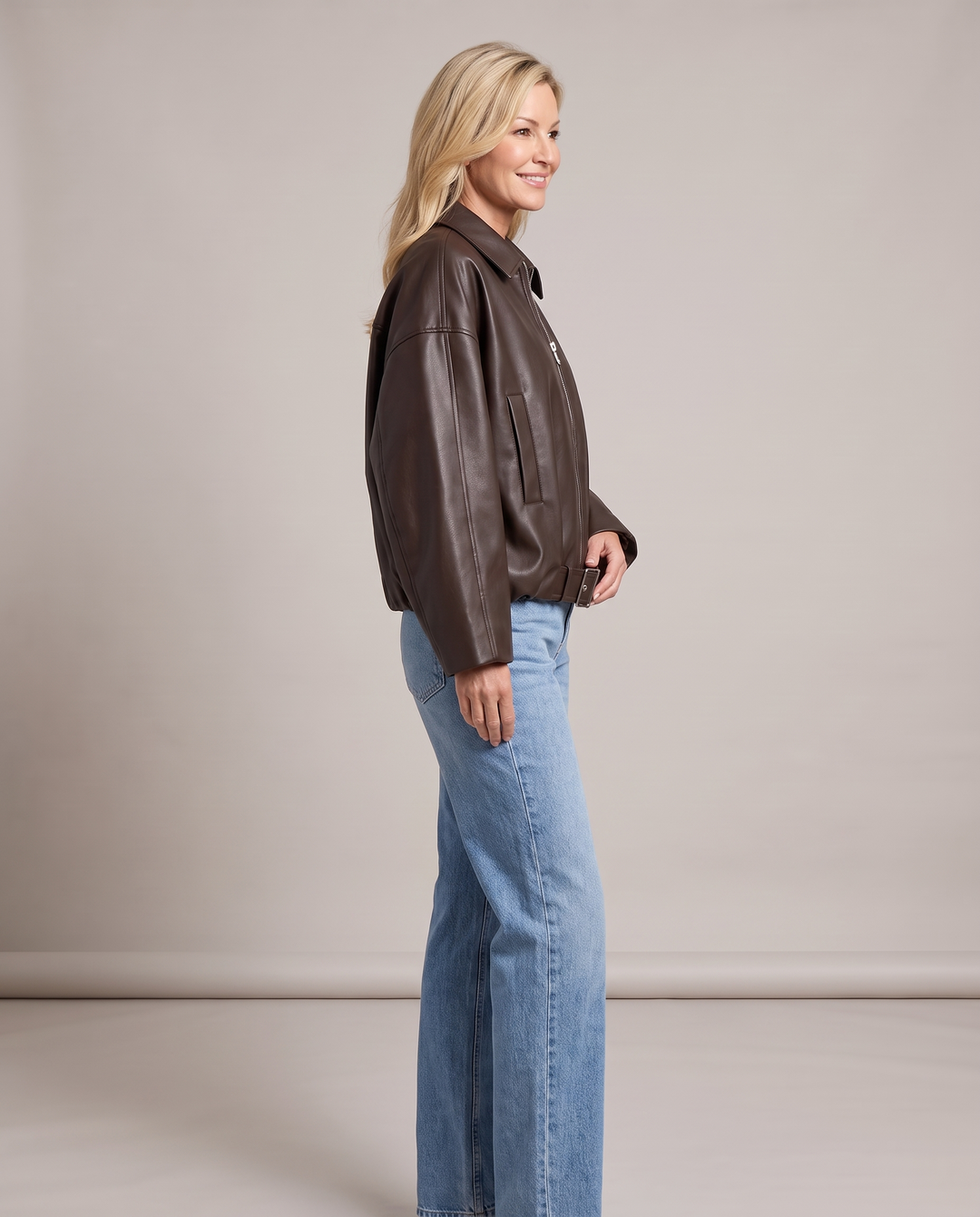 Faux Leather Oversized Belted Bomber Jacket