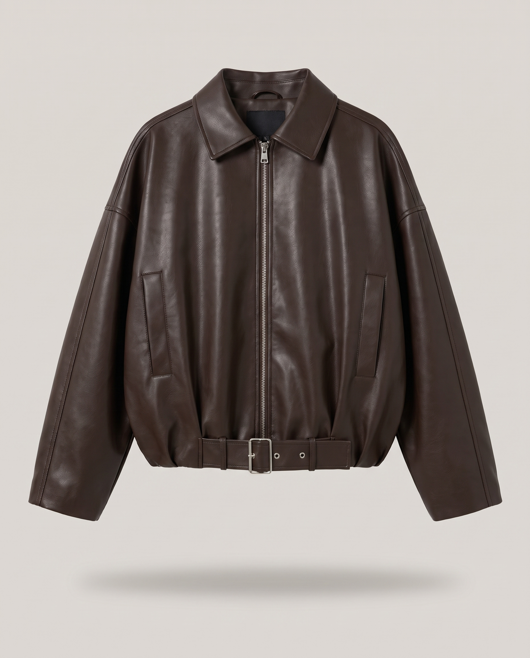 Faux Leather Oversized Belted Bomber Jacket