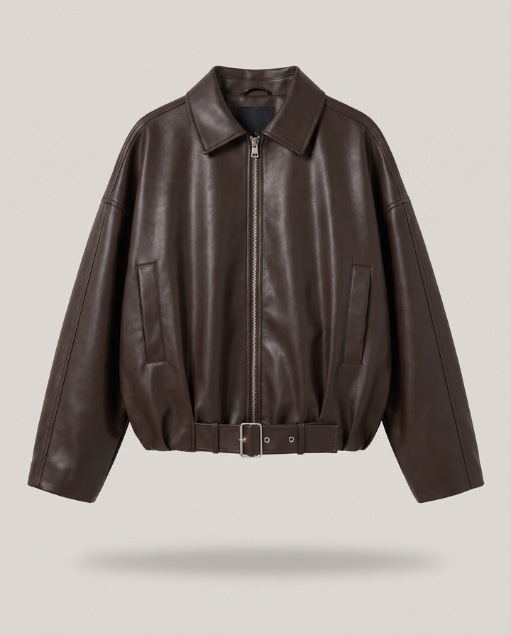 Faux Leather Oversized Belted Bomber Jacket