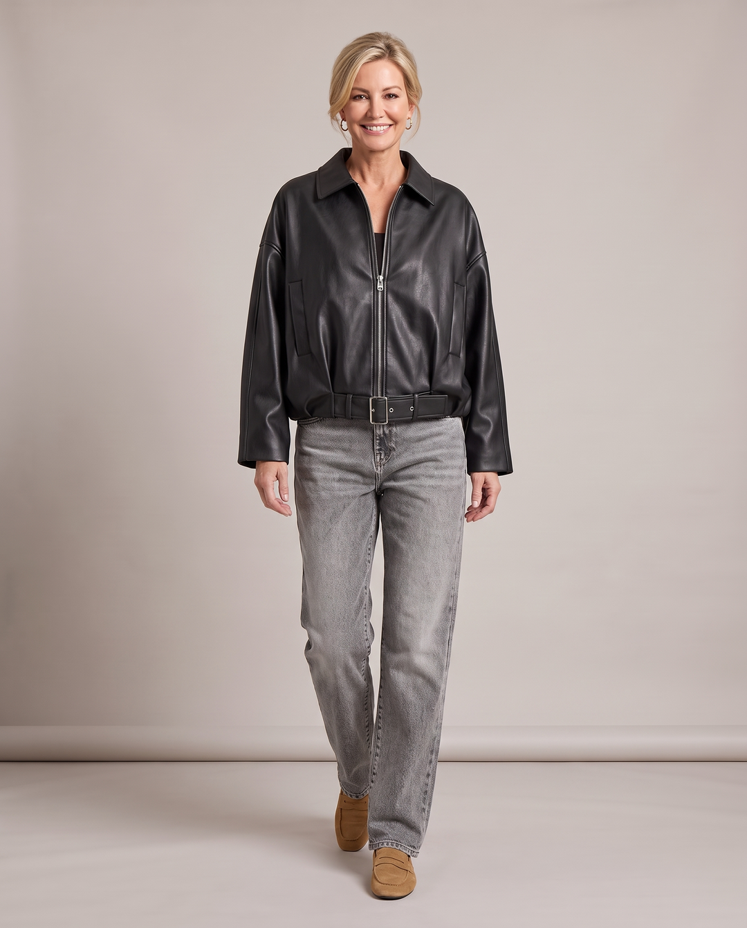 Faux Leather Oversized Belted Bomber Jacket
