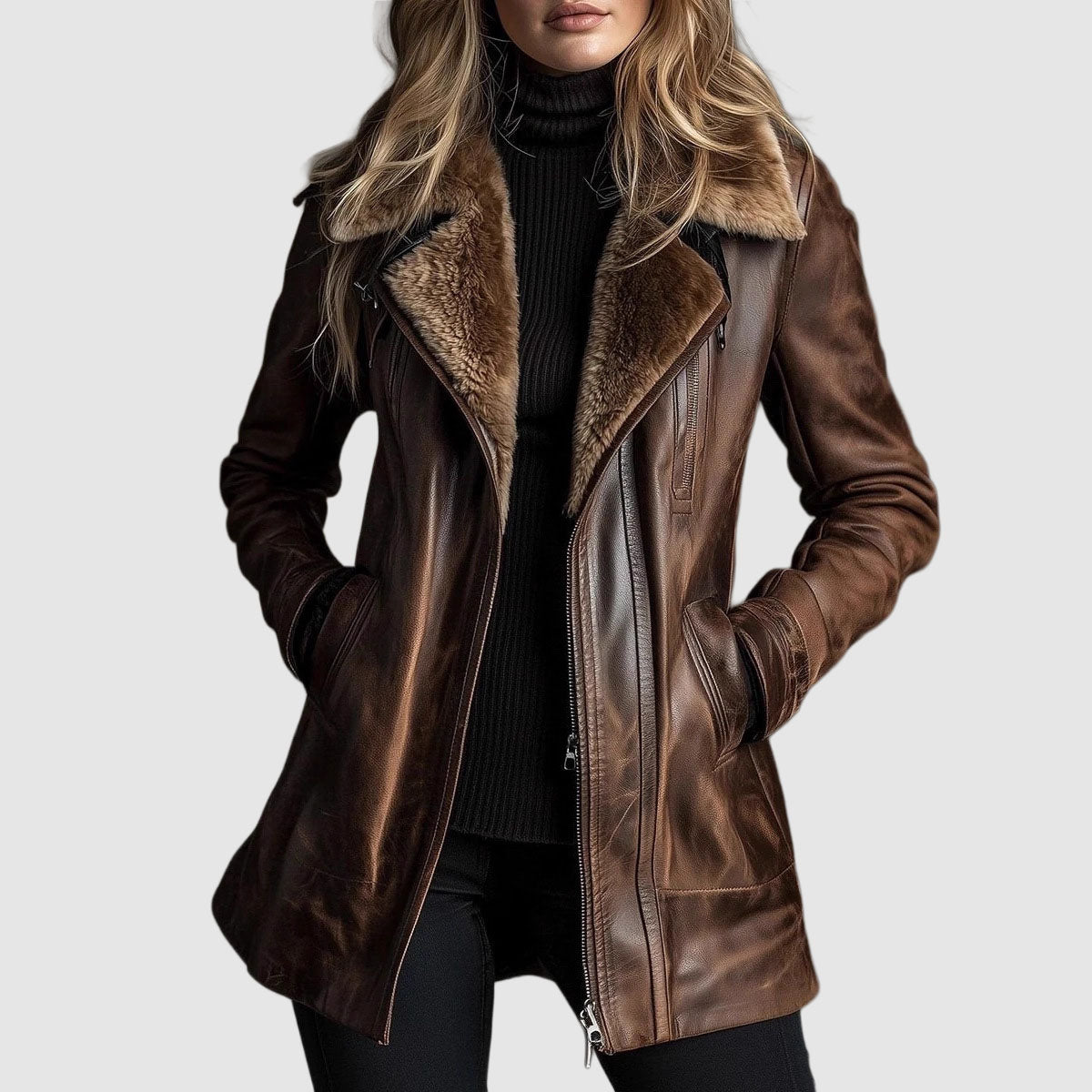 Leather Jacket Women – Brown Faux Leather Jacket with Fur Collar ...