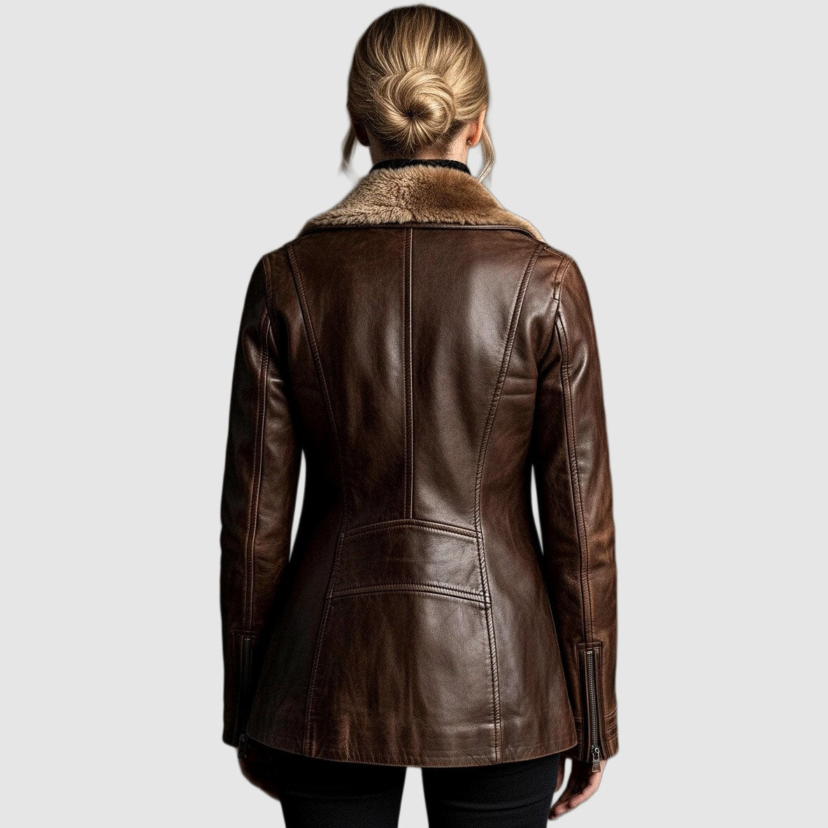 Leather Jacket Women – Brown Faux Leather Jacket with Fur Collar ...
