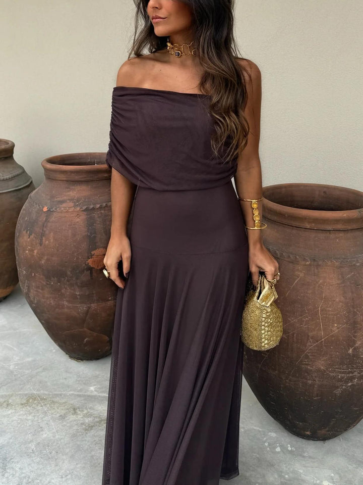 Brown Off Shoulder Mesh Maxi Dress