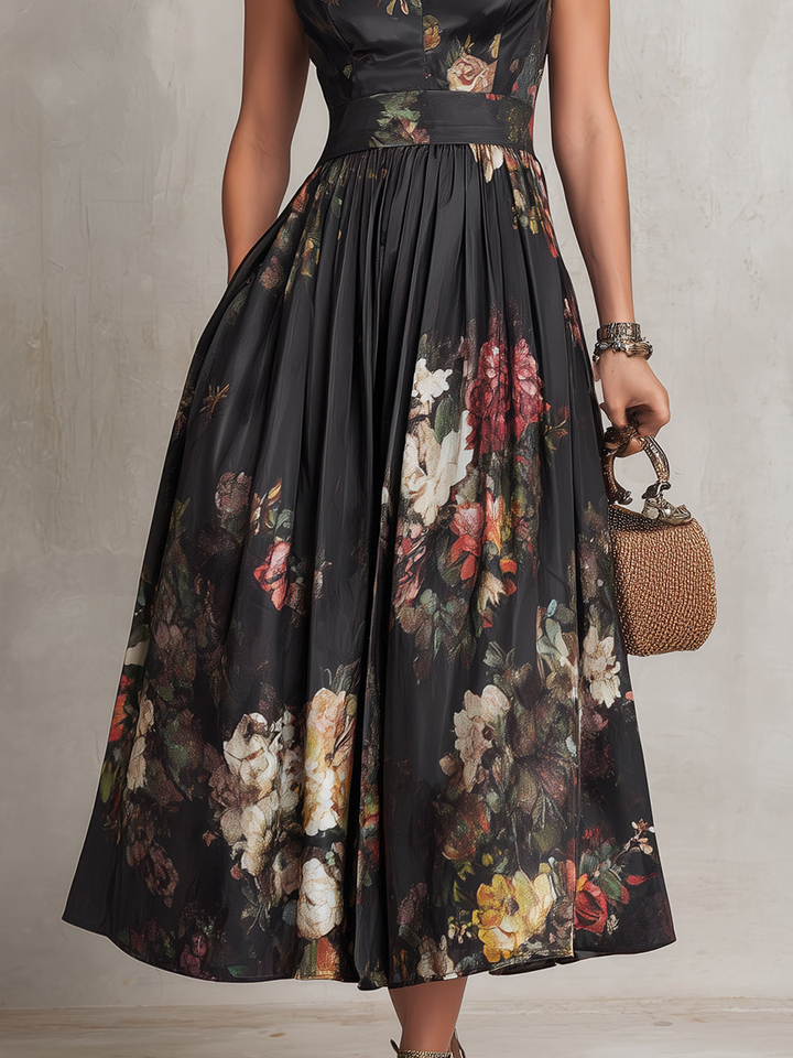 Black Floral Satin Midi Party Dress – skirt detail