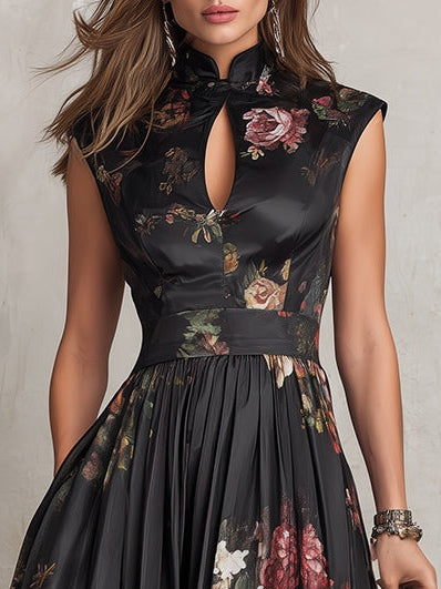 Black Floral Satin Midi Party Dress – detail