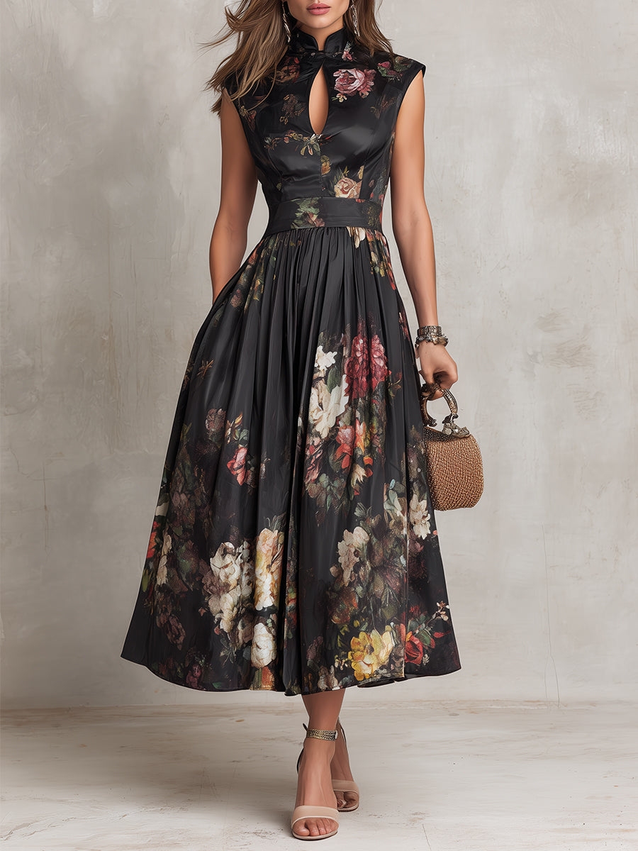 Black Floral Satin Midi Party Dress – front view
