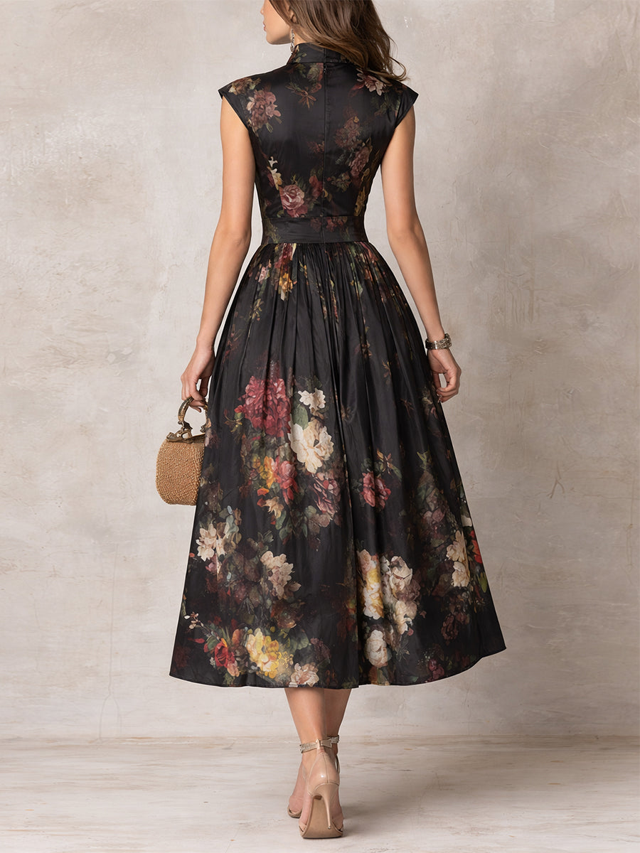 Black Floral Satin Midi Party Dress – side view