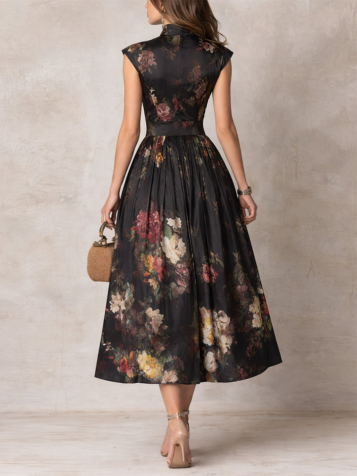 Black Floral Satin Midi Party Dress – side view