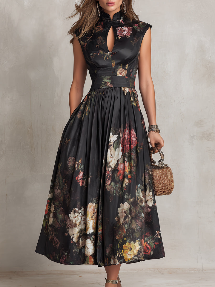 Black Floral Satin Midi Party Dress – back view