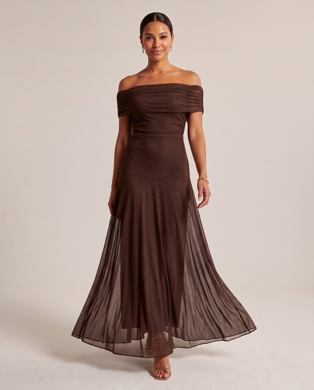Brown Off Shoulder Mesh Maxi Dress