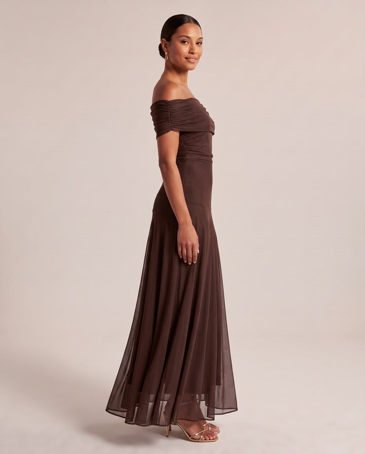 Brown Off Shoulder Mesh Maxi Dress