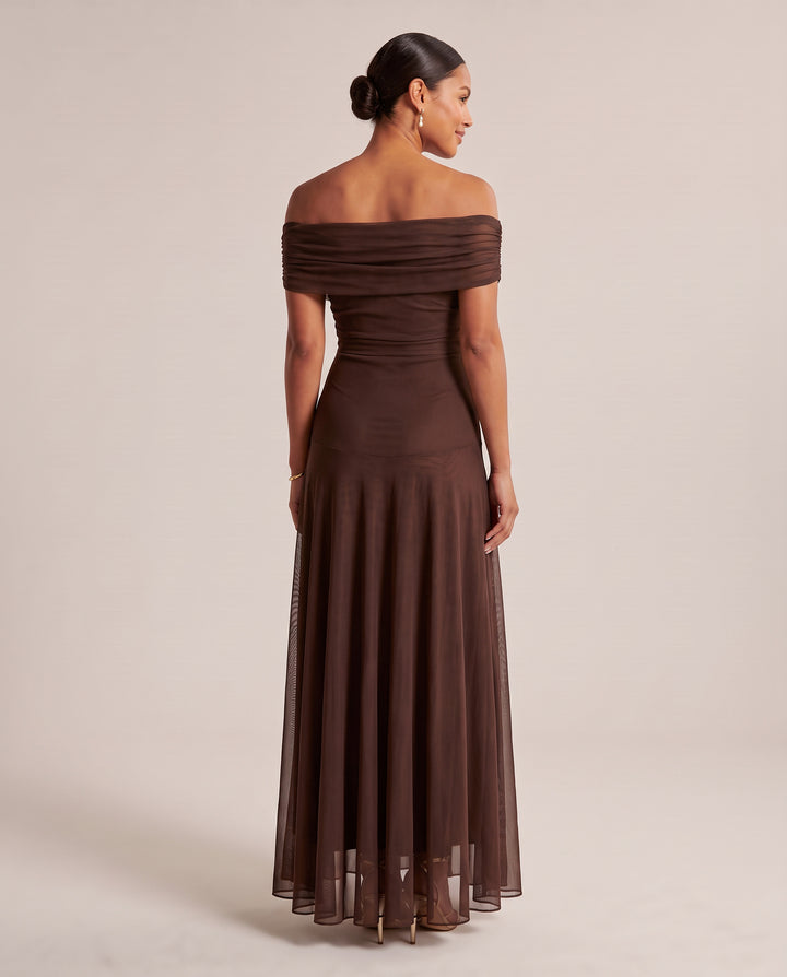 Brown Off Shoulder Mesh Maxi Dress
