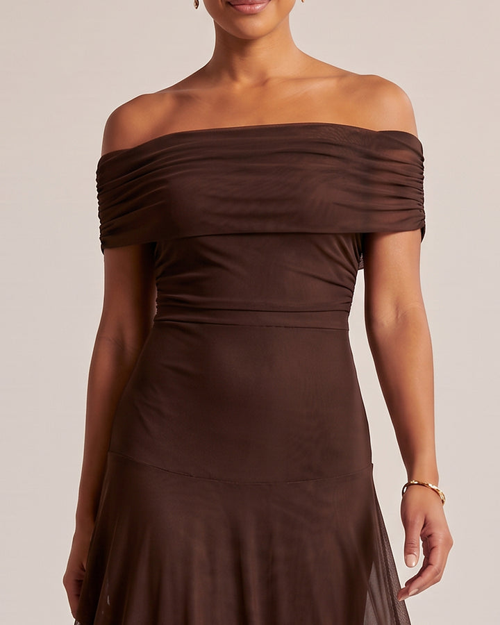 Brown Off Shoulder Mesh Maxi Dress