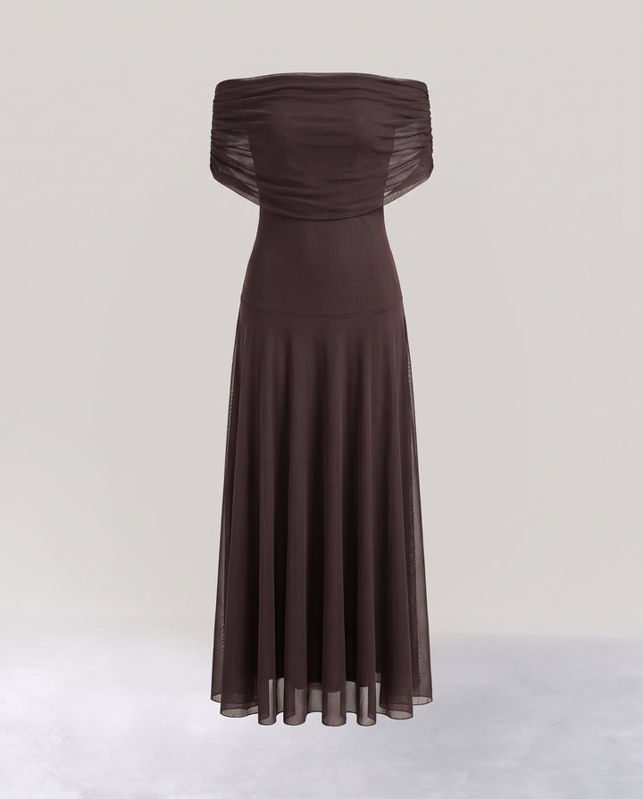 Brown Off Shoulder Mesh Maxi Dress