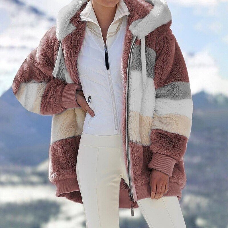 Red Colour Block Fluffy Hooded Fleece Jacket