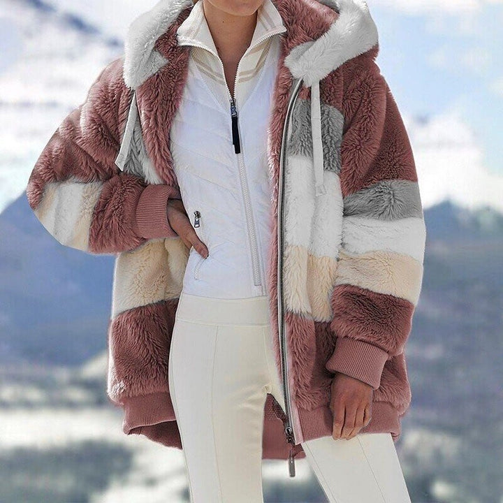 Red Colour Block Fluffy Hooded Fleece Jacket