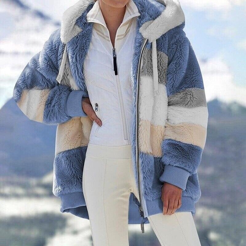 Blue Colour Block Fluffy Hooded Fleece Jacket