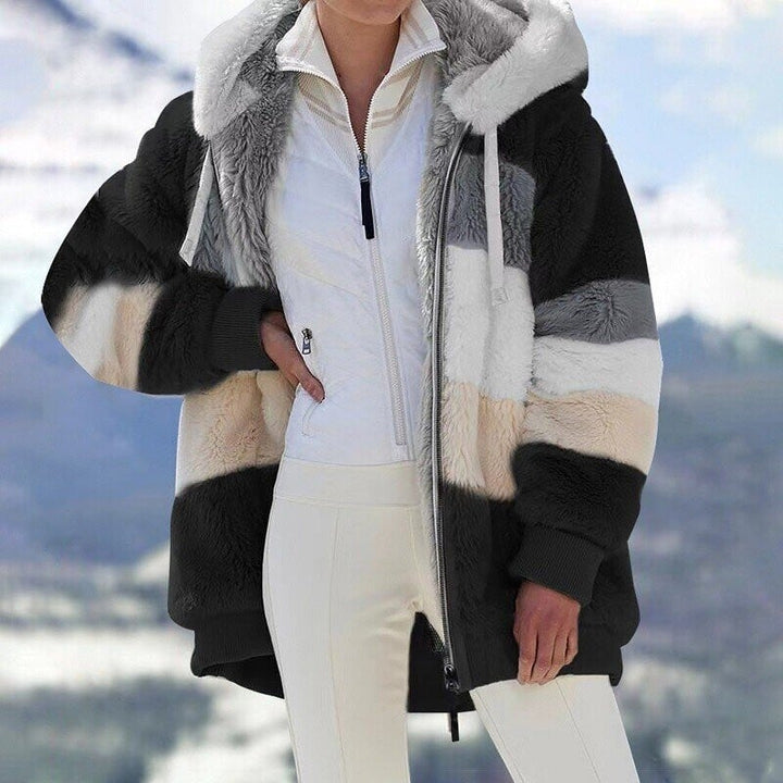 Black Colour Block Fluffy Hooded Fleece Jacket