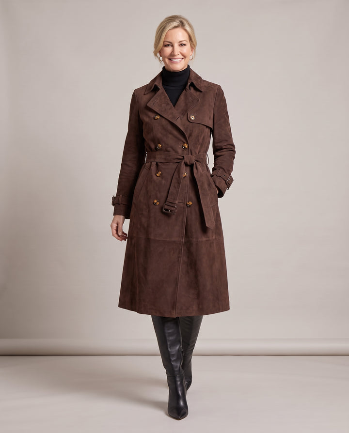 Brown Faux Suede Double Breasted Belted Trench Coat