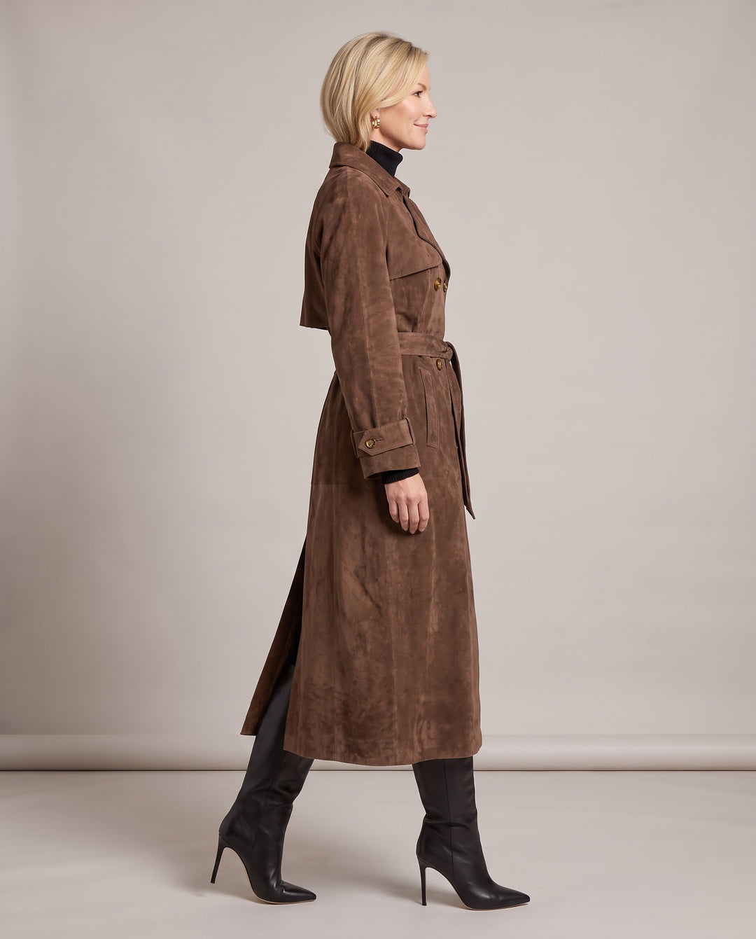 Brown Faux Suede Double Breasted Belted Trench Coat