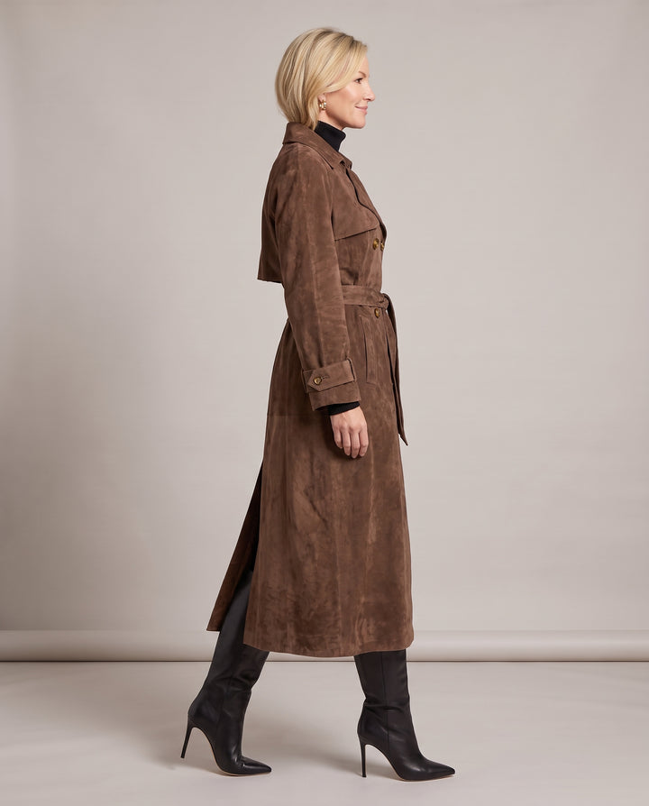 Brown Faux Suede Double Breasted Belted Trench Coat