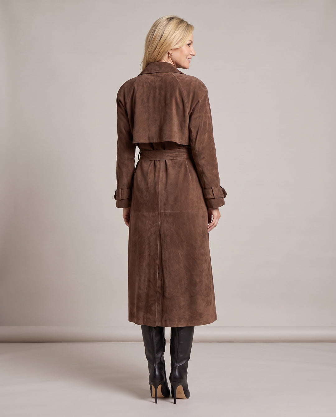 Brown Faux Suede Double Breasted Belted Trench Coat
