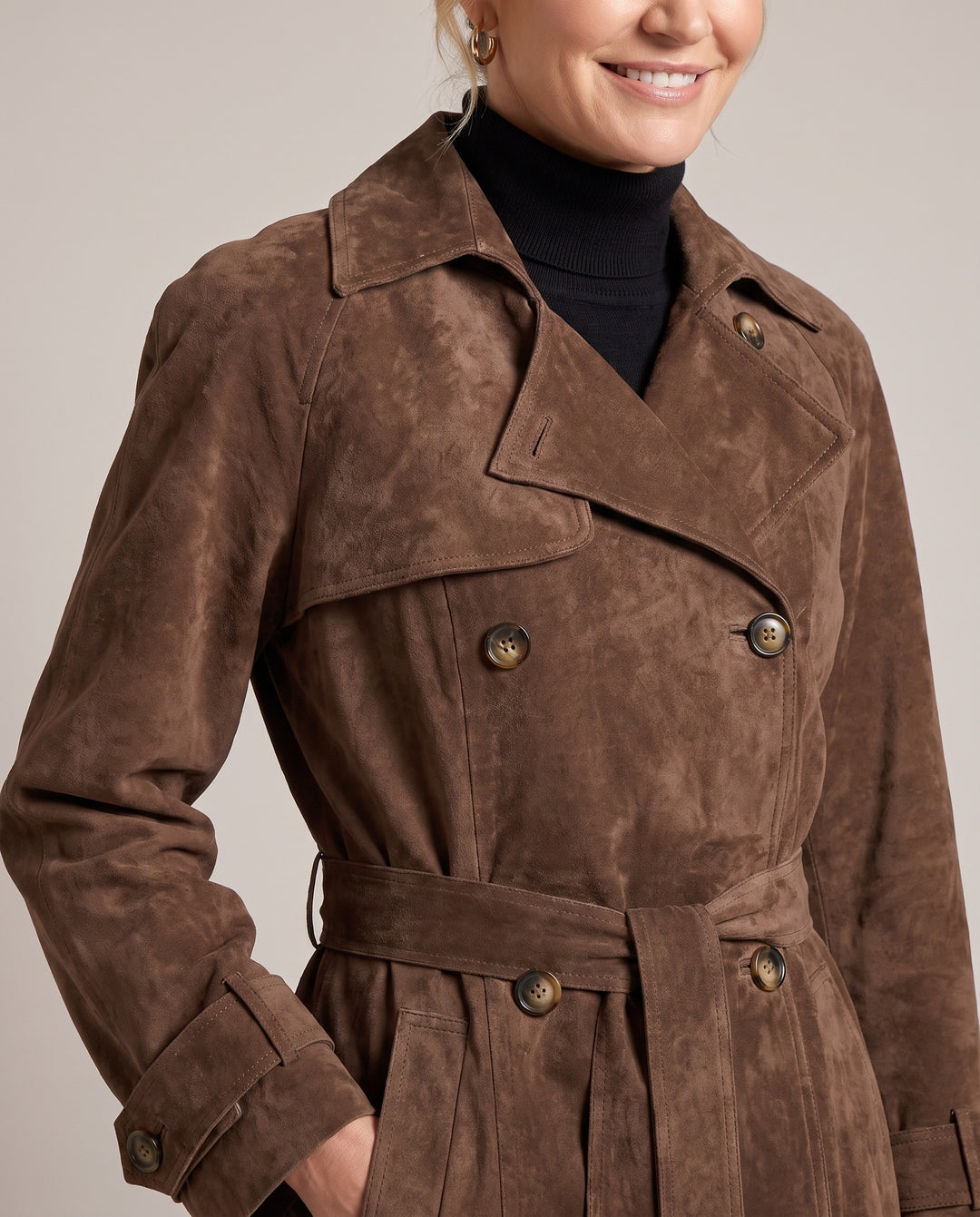 Brown Faux Suede Double Breasted Belted Trench Coat