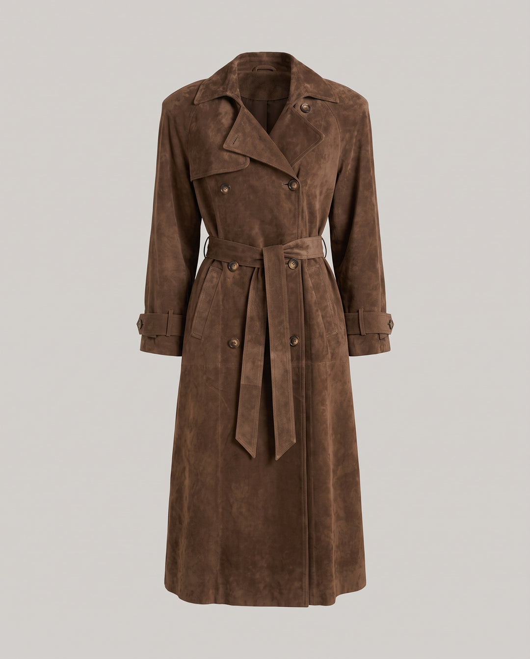 Brown Faux Suede Double Breasted Belted Trench Coat