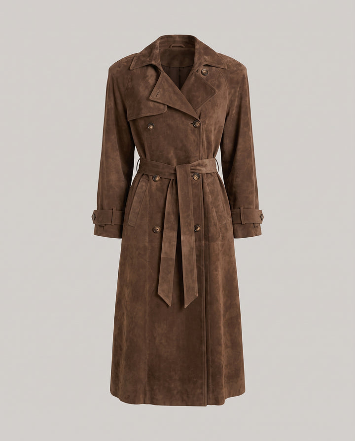 Brown Faux Suede Double Breasted Belted Trench Coat