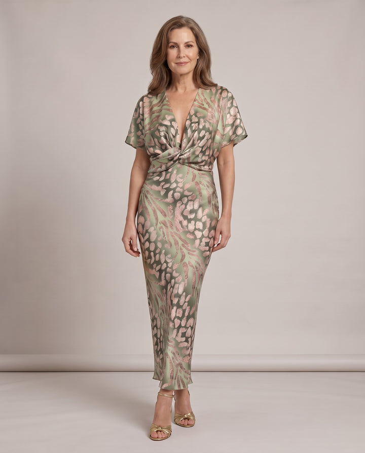 Sage Green Satin Animal Print Midi Dress