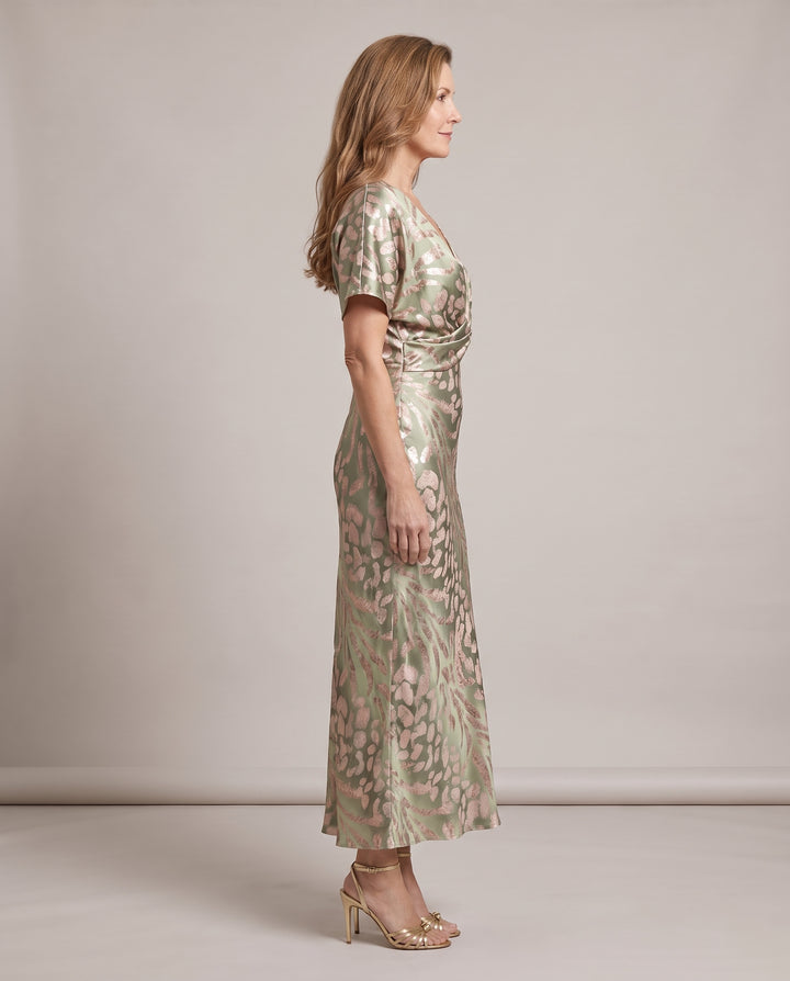 Sage Green Satin Animal Print Midi Dress
