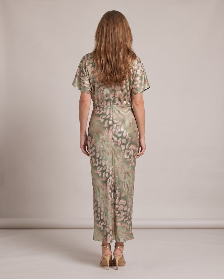Sage Green Satin Animal Print Midi Dress