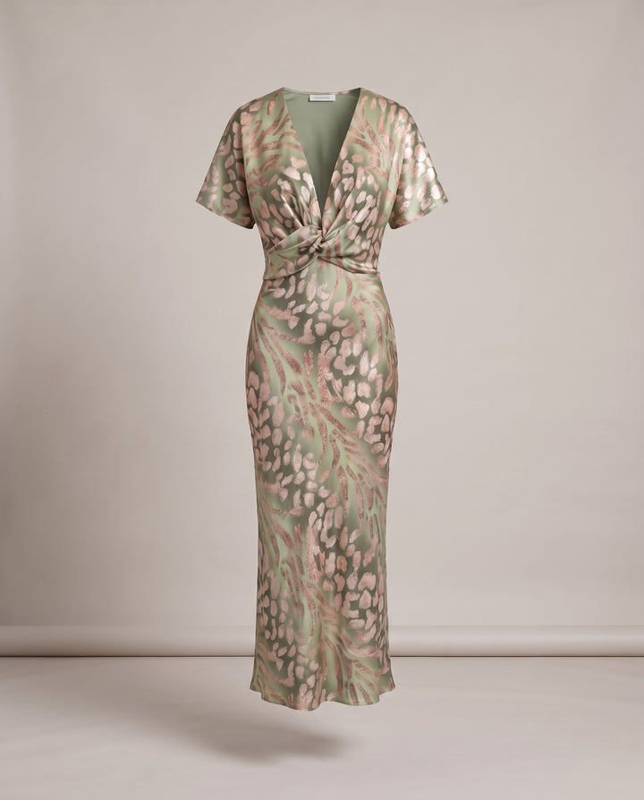 Sage Green Satin Animal Print Midi Dress