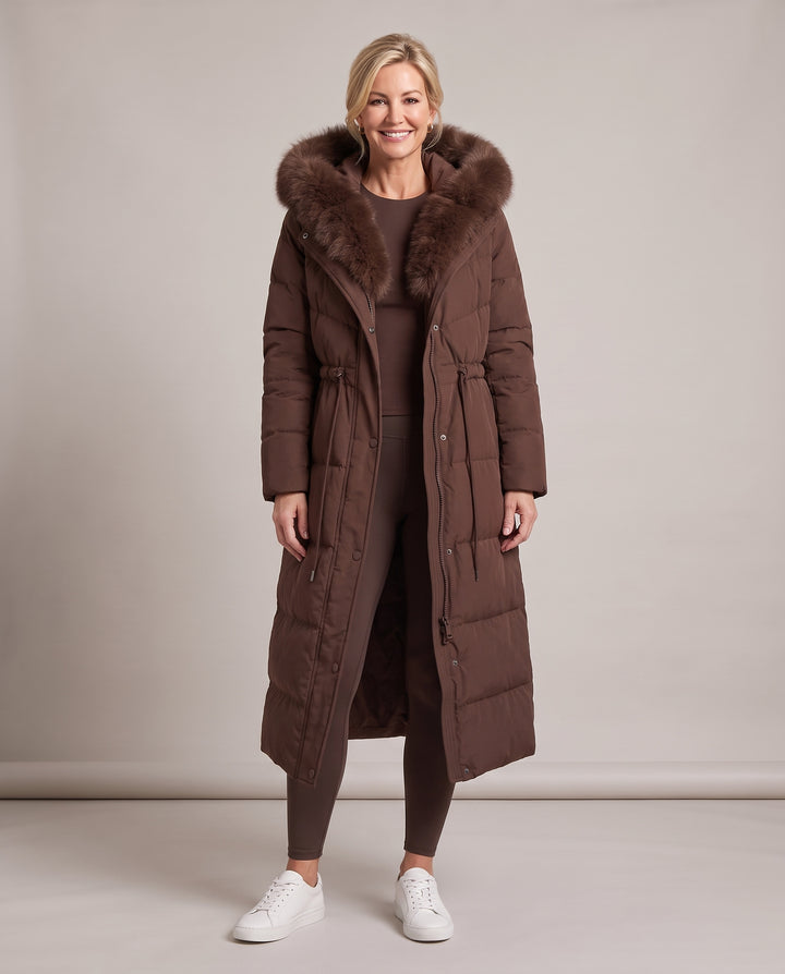 Brown Faux Fur Hooded Longline Puffer Coat