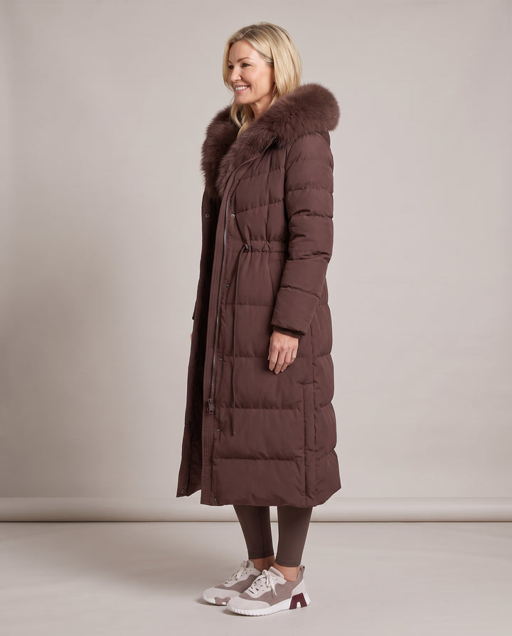 Brown Faux Fur Hooded Longline Puffer Coat