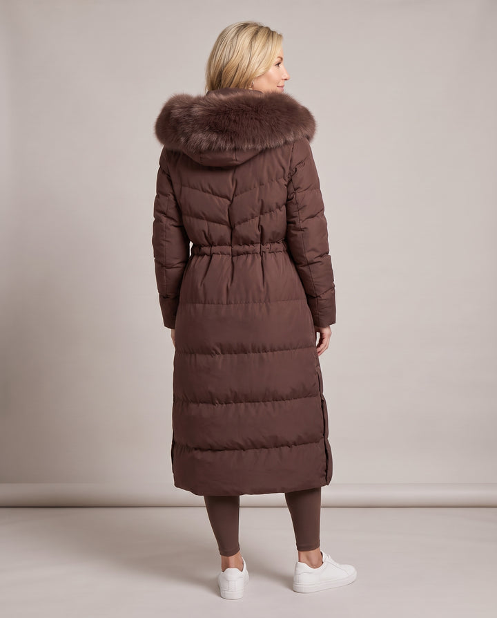 Brown Faux Fur Hooded Longline Puffer Coat