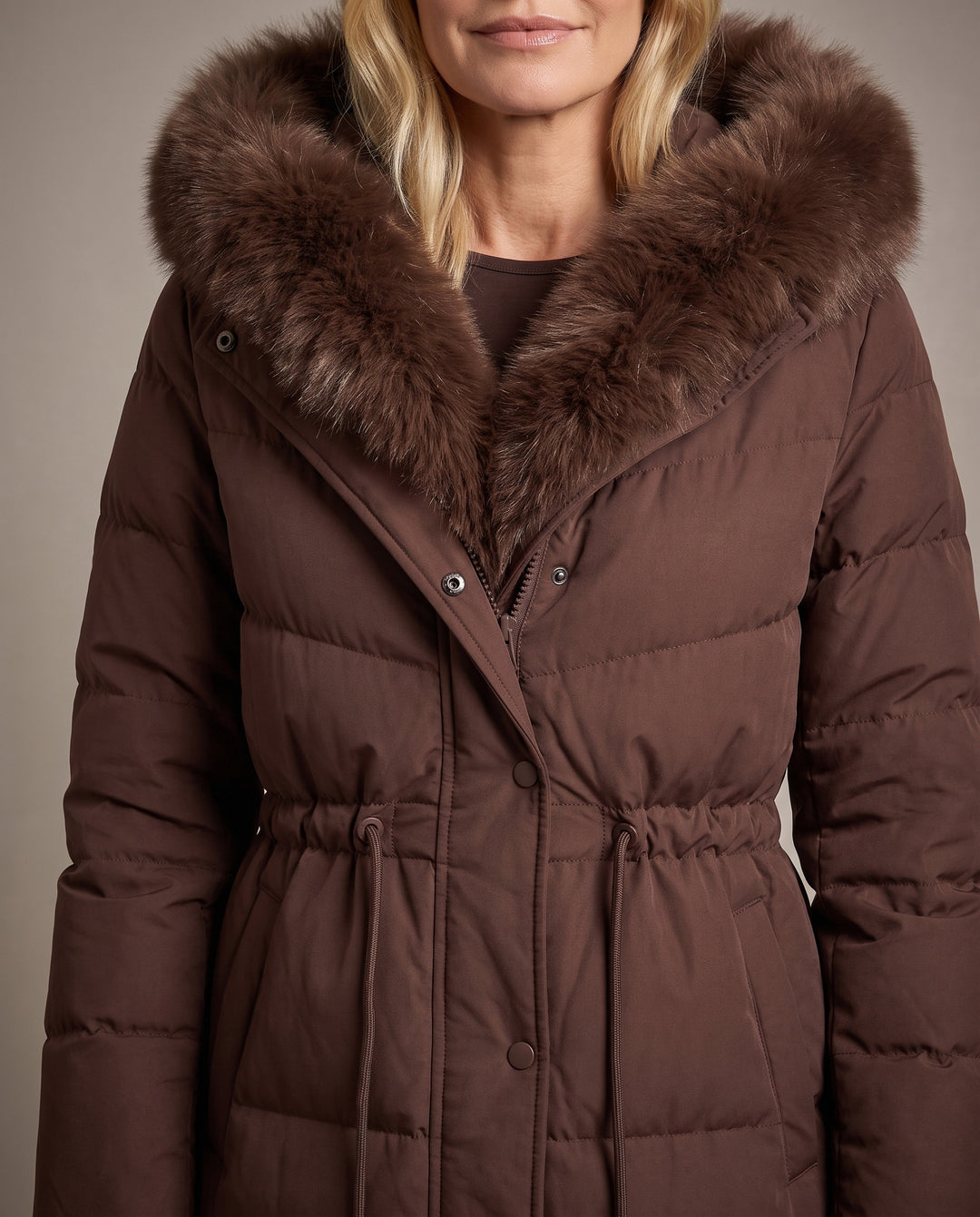 Brown Faux Fur Hooded Longline Puffer Coat