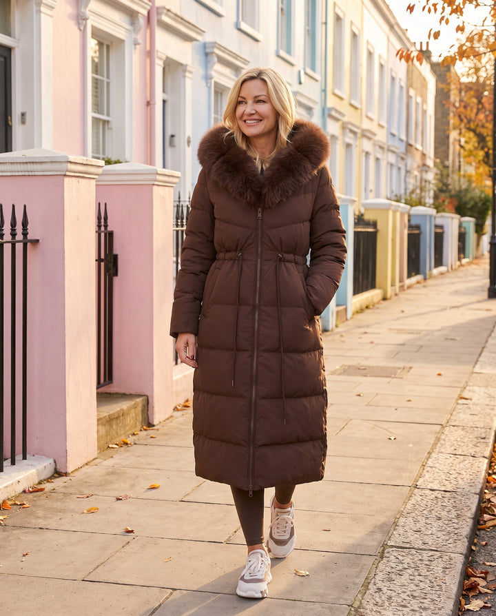 Brown Faux Fur Hooded Longline Puffer Coat