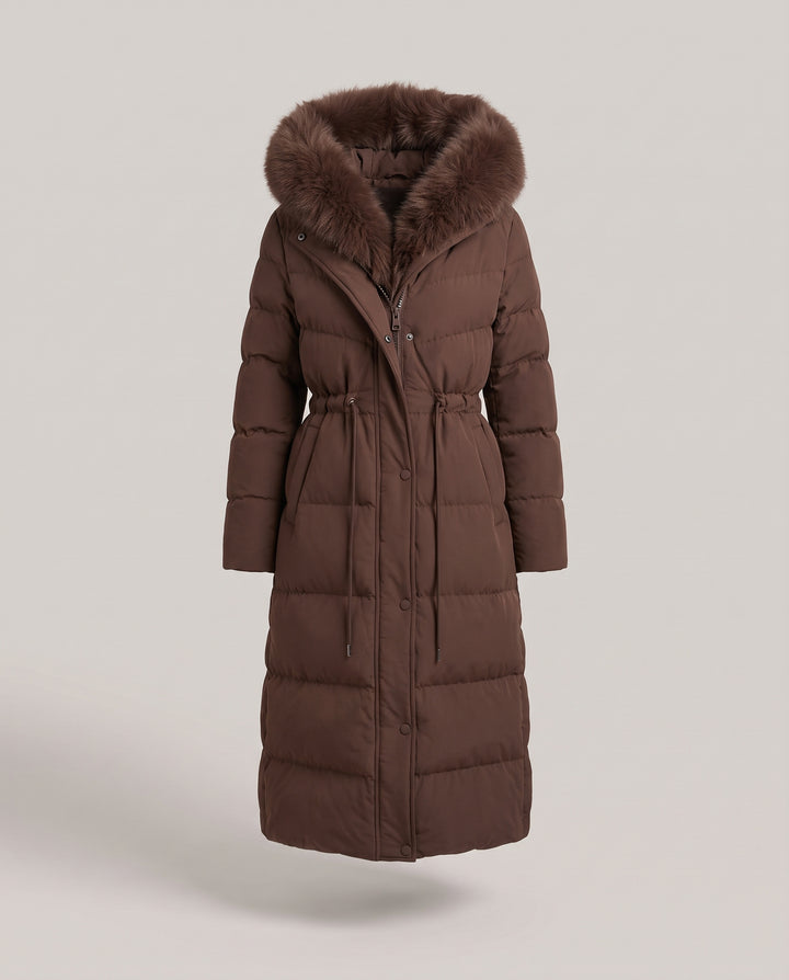 Brown Faux Fur Hooded Longline Puffer Coat