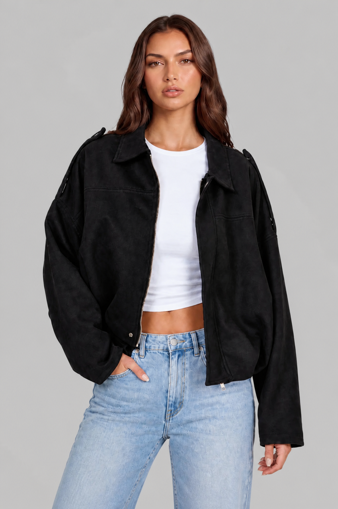 Cropped Oversized Suede Jacket - view 14