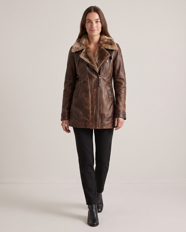 Brown Faux Leather Jacket with Fur Collar
