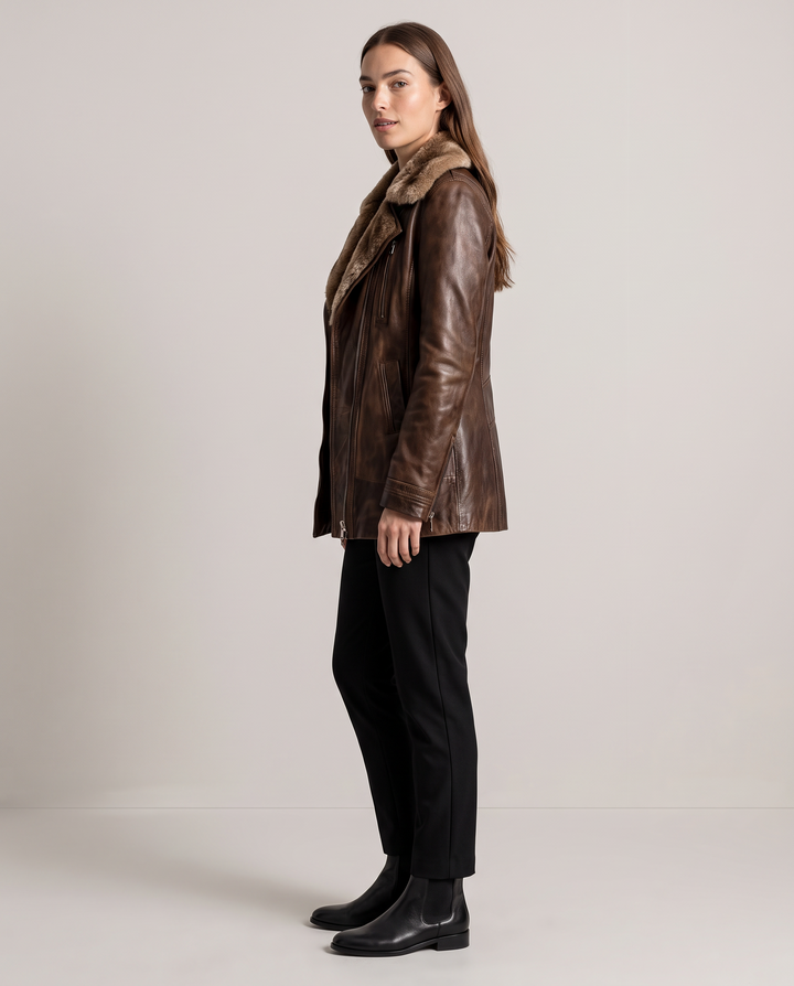 Brown Faux Leather Jacket with Fur Collar