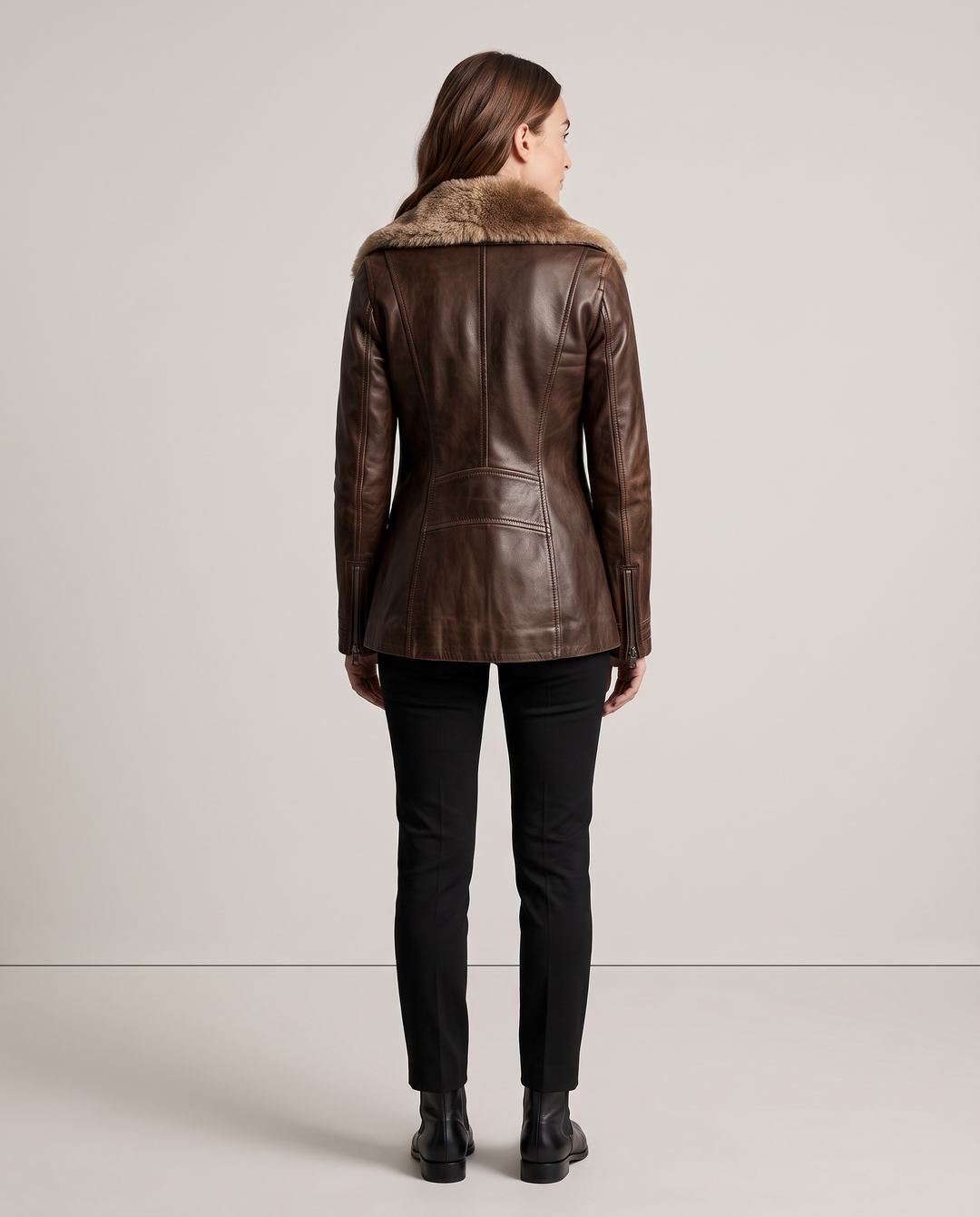 Brown Faux Leather Jacket with Fur Collar