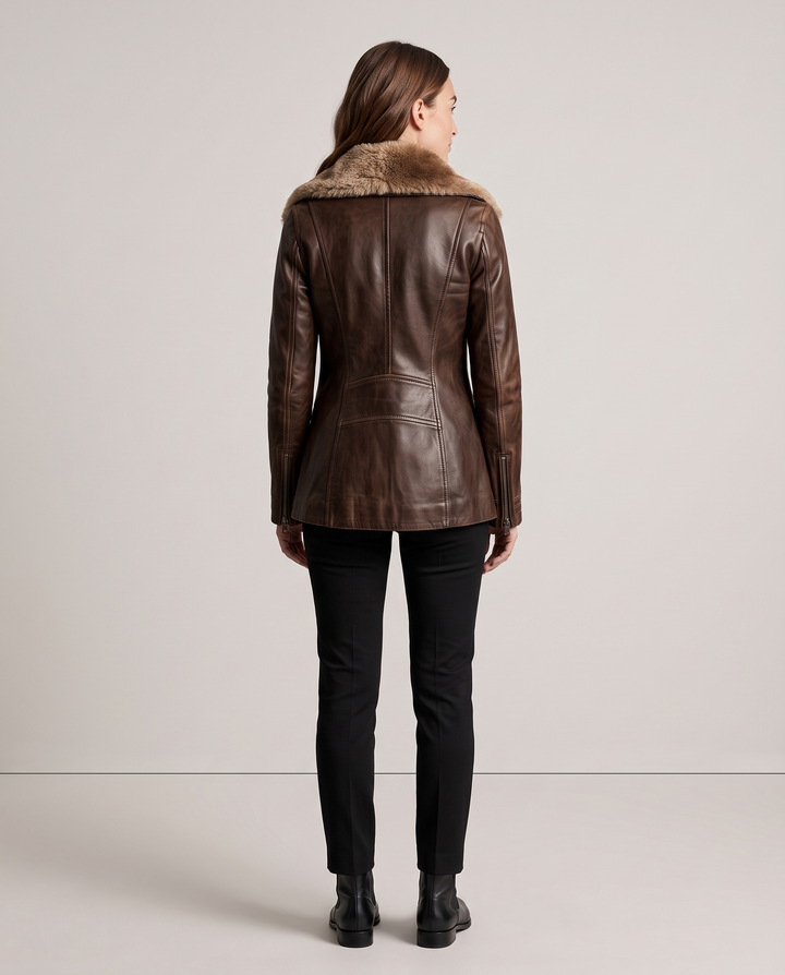 Brown Faux Leather Jacket with Fur Collar