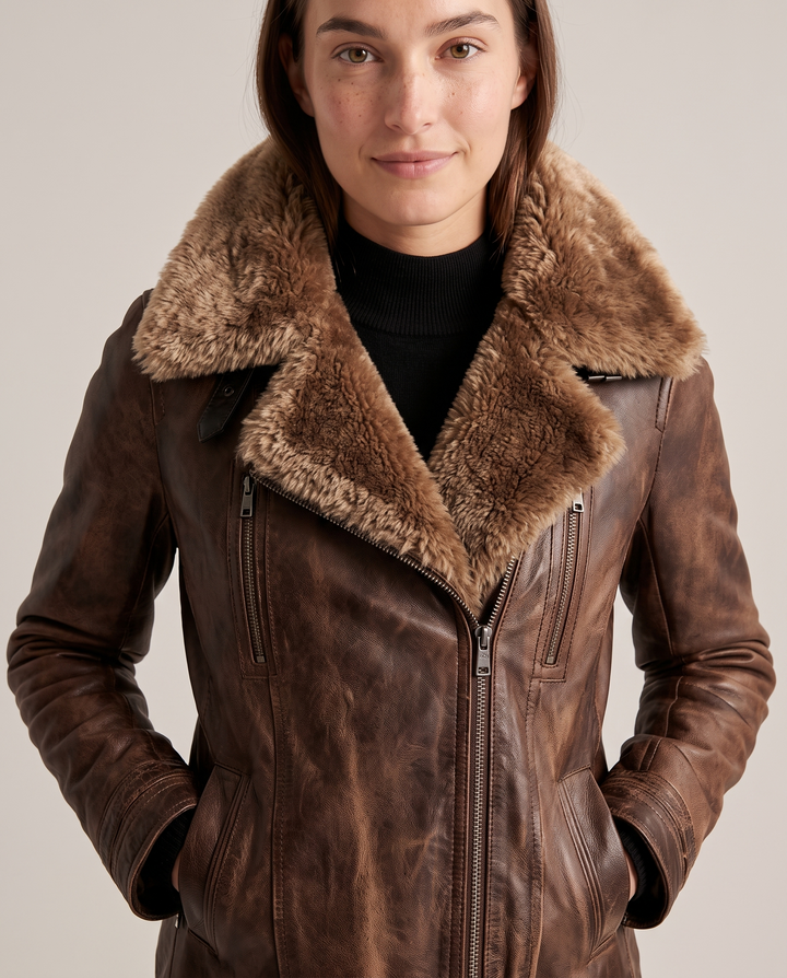 Brown Faux Leather Jacket with Fur Collar