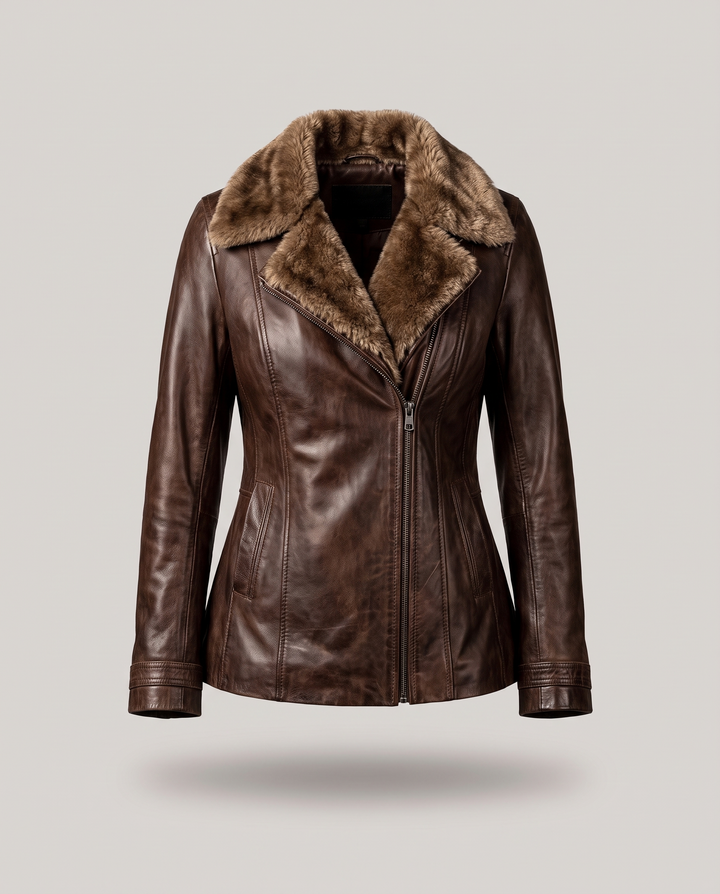Brown Faux Leather Jacket with Fur Collar