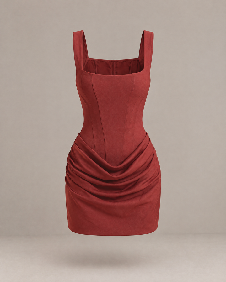 Square Neck Corset Mini Dress in Muted Red – product view