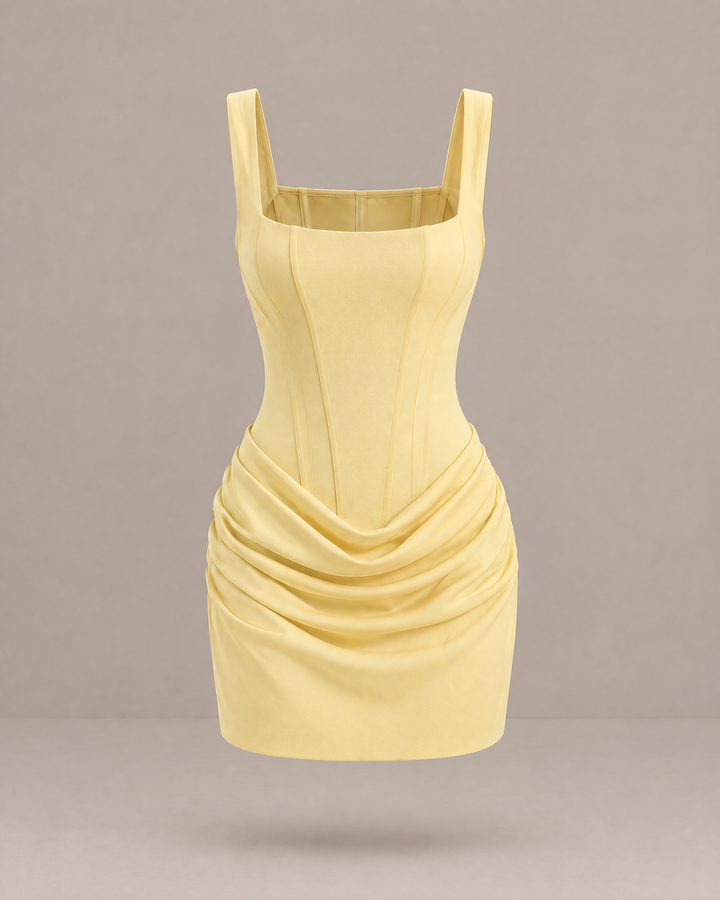 Square Neck Corset Mini Dress in Light Yellow – product view